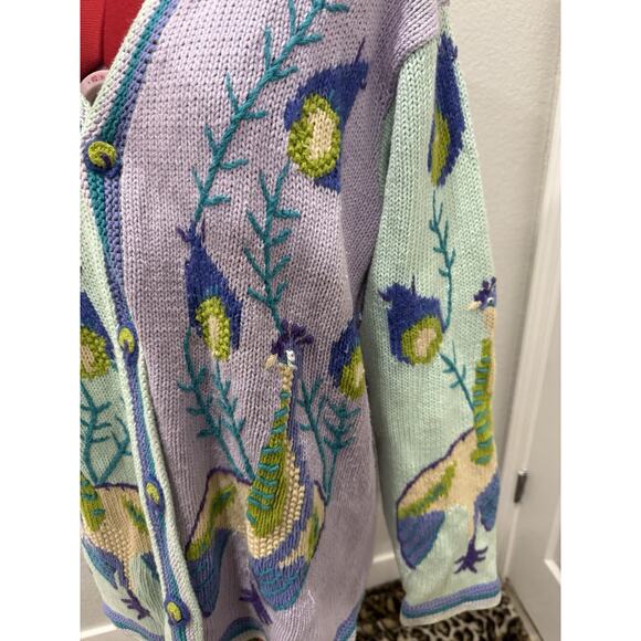 Vtg Novelty Peacock Cardigan, Bird Pattern Pastel Knit Sweater, Funky Grannycore - Picture 4 of 9